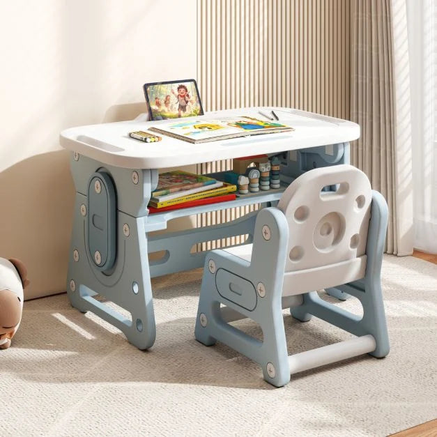 Kids Table and Chair Set with Tiltable Whiteboard and Book Stand