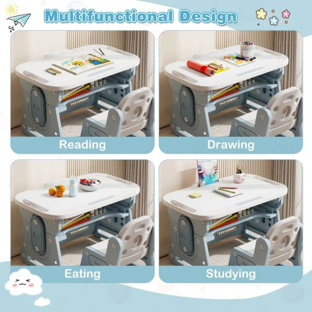 Kids Table and Chair Set with Tiltable Whiteboard and Book Stand