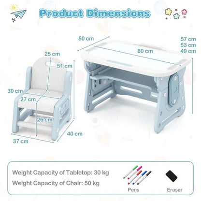 Kids Table and Chair Set with Tiltable Whiteboard and Book Stand