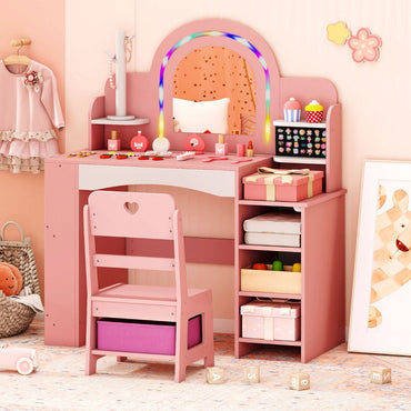 Kids Vanity Desk with Mirror and Open Storage Shelves