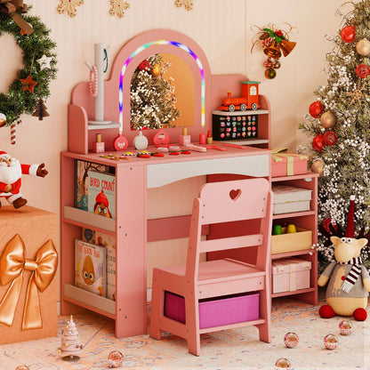 Kids Vanity Desk with Mirror and Open Storage Shelves