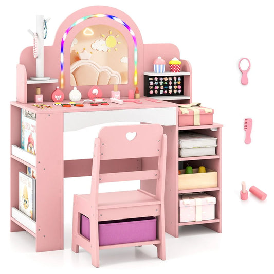 Kids Vanity Desk with Mirror and Open Storage Shelves