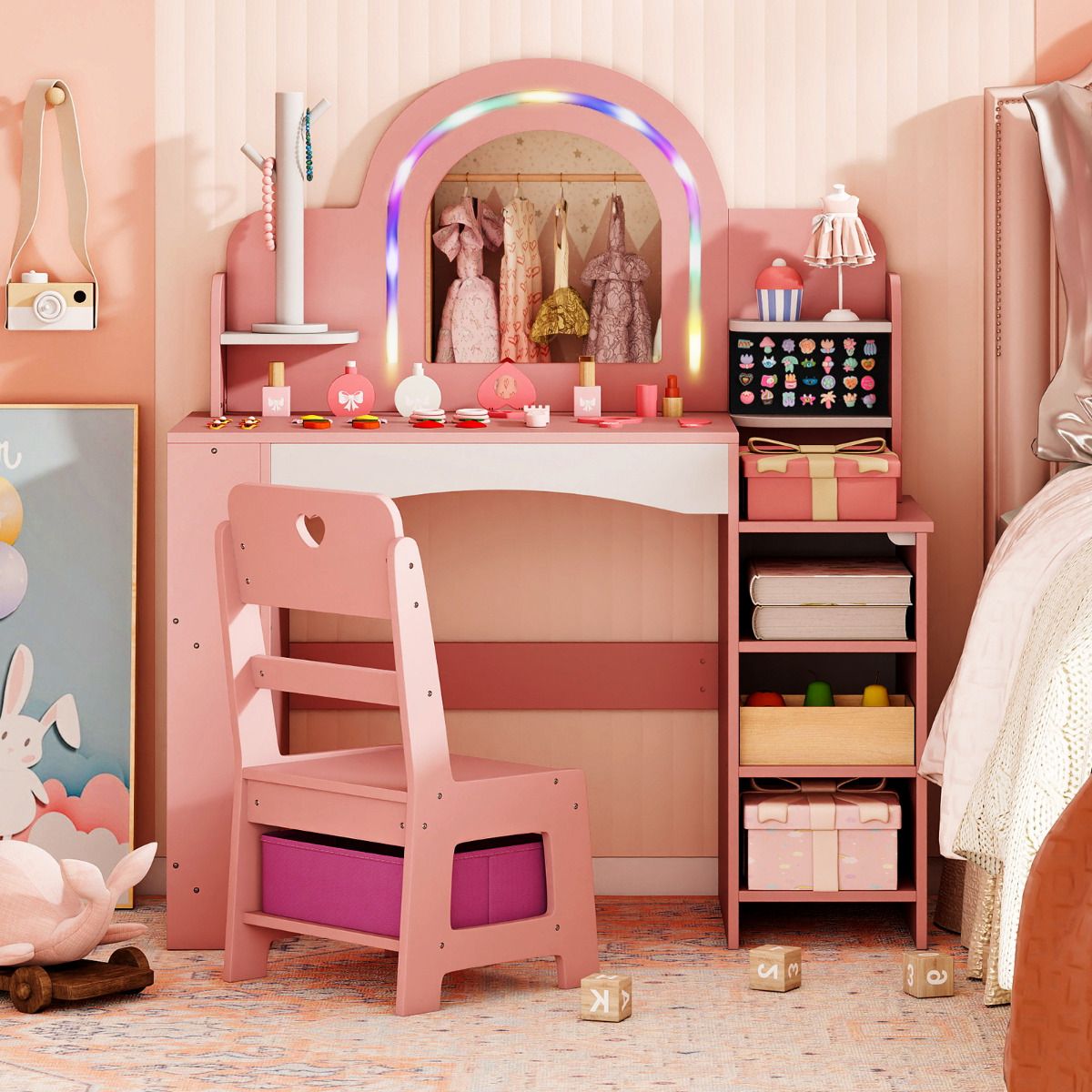 Kids Vanity Desk with Mirror and Open Storage Shelves