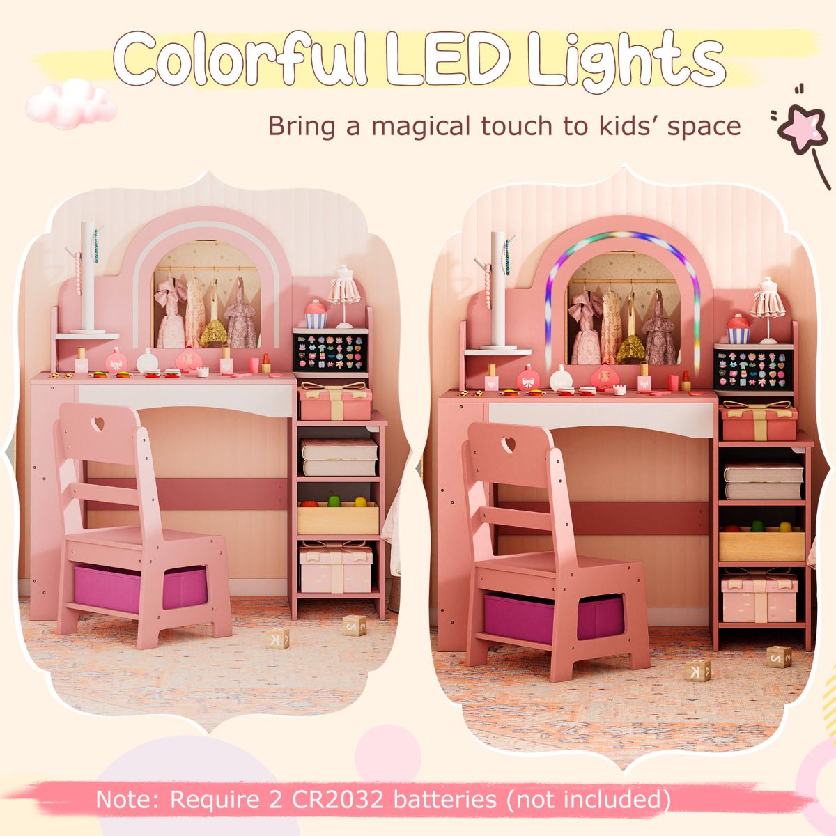 Kids Vanity Desk with Mirror and Open Storage Shelves