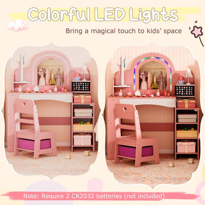 Kids Vanity Desk with Mirror and Open Storage Shelves