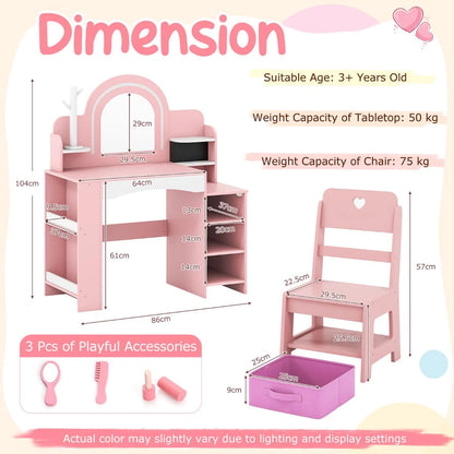 Kids Vanity Desk with Mirror and Open Storage Shelves