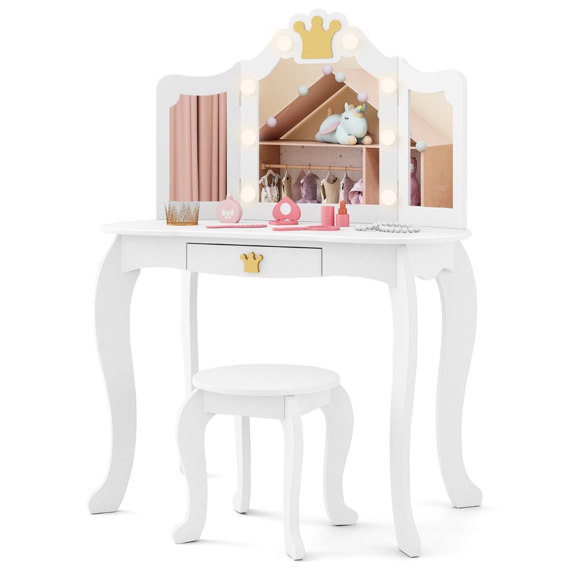 Kids Vanity Set with Lighted Mirror and Adjustable Brightness Pull-out Drawer and Stool