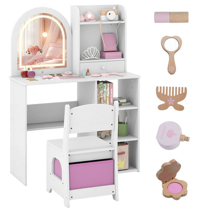Kids Vanity Table and Chair Set with 3-color Lighted Mirror for 3+ Years Old