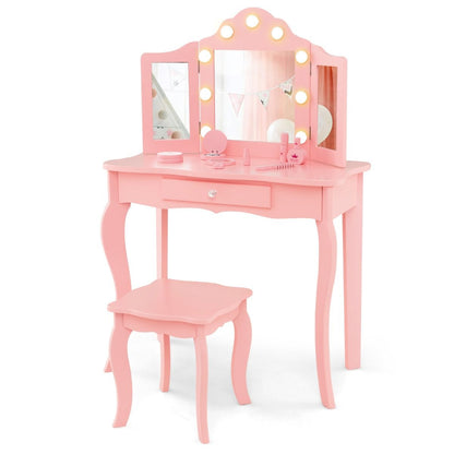 Kids Vanity Table and Stool Set with Real Glass Tri-Folding Mirror and Drawer