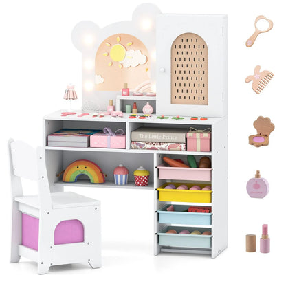 Kids Vanity with Lights Princess Vanity Table and Chair Set with 5 Drawers and 2 Compartments