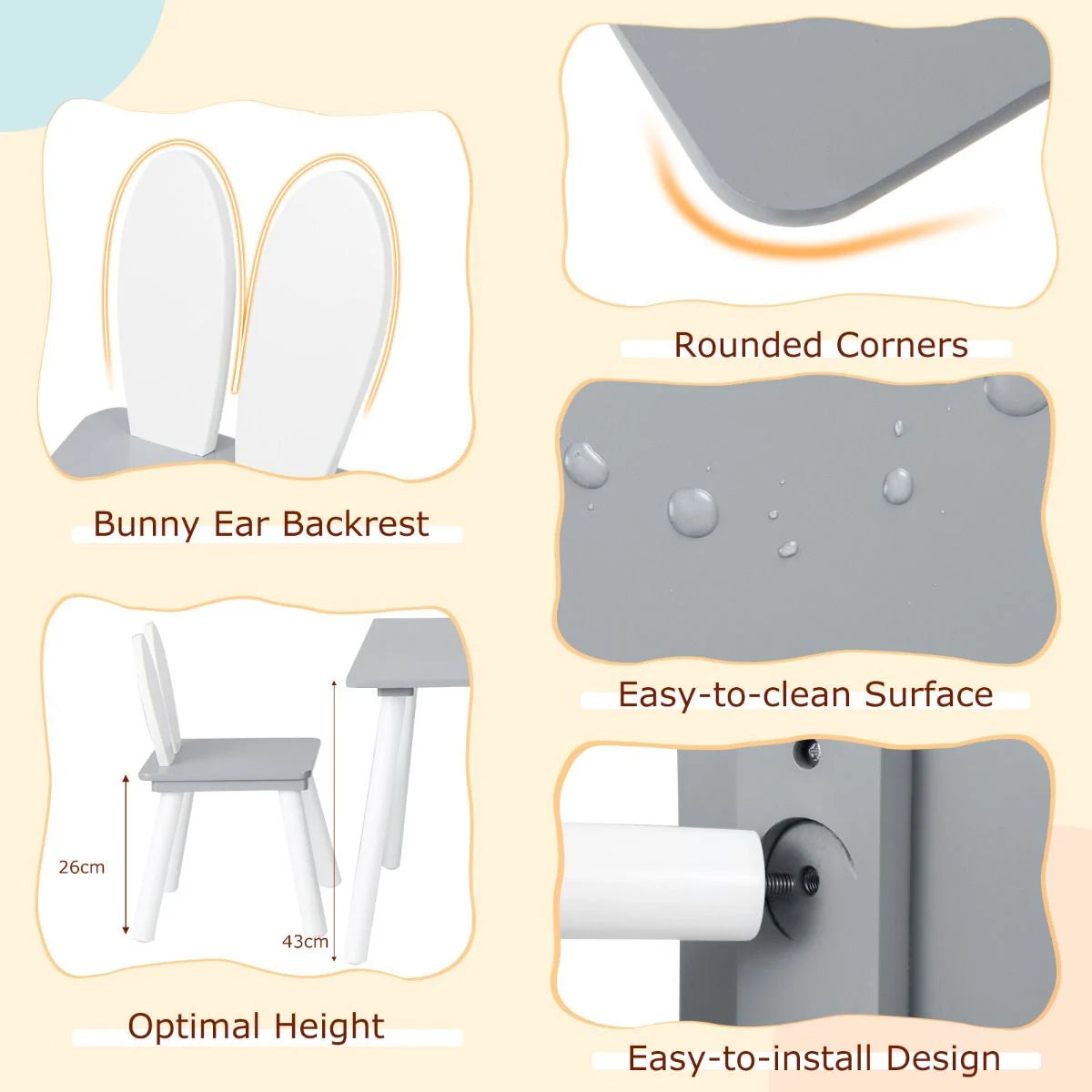 Kids Wooden Table and Rabbit Chairs Set with Space-Saving Structure