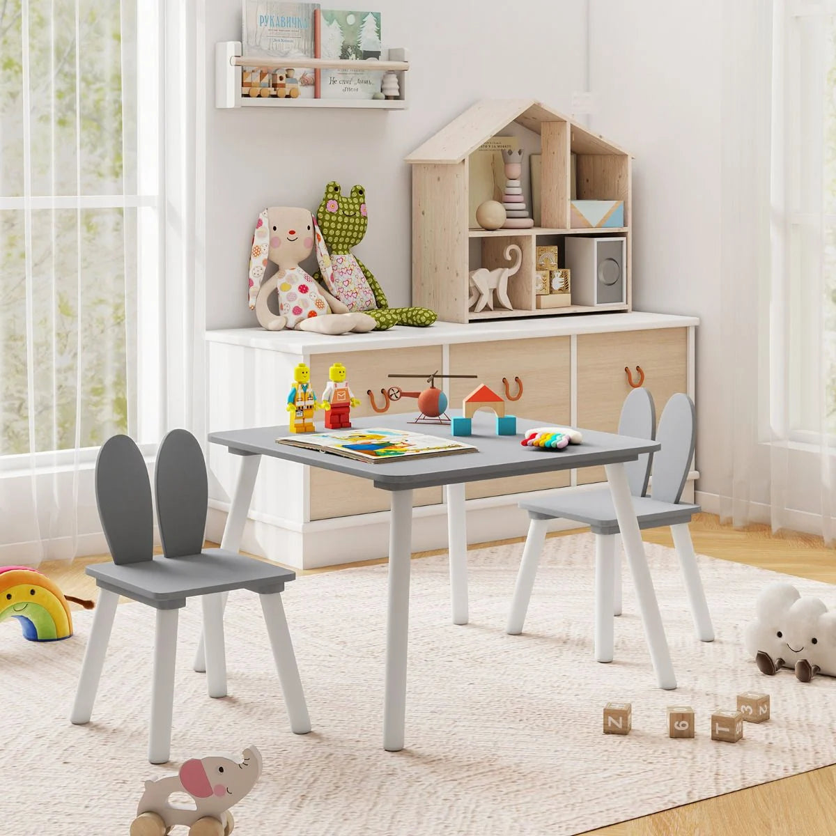 Kids Wooden Table and Rabbit Chairs Set with Space-Saving Structure