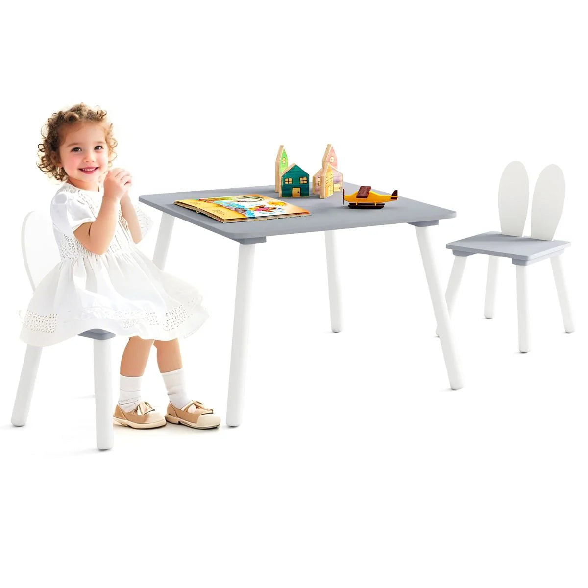 Kids Wooden Table and Rabbit Chairs Set with Space-Saving Structure