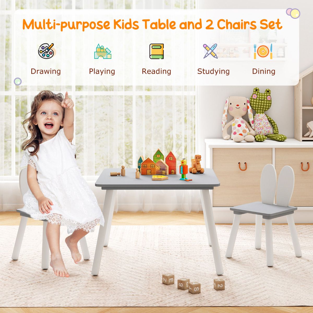 Kids Wooden Table and Rabbit Chairs Set with Space-Saving Structure