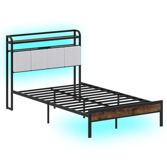 King Size Double Size Bed Frame with LED Light and Charging Station