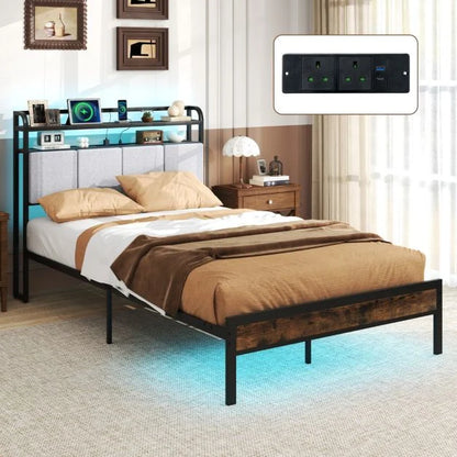 King Size Double Size Bed Frame with LED Light and Charging Station