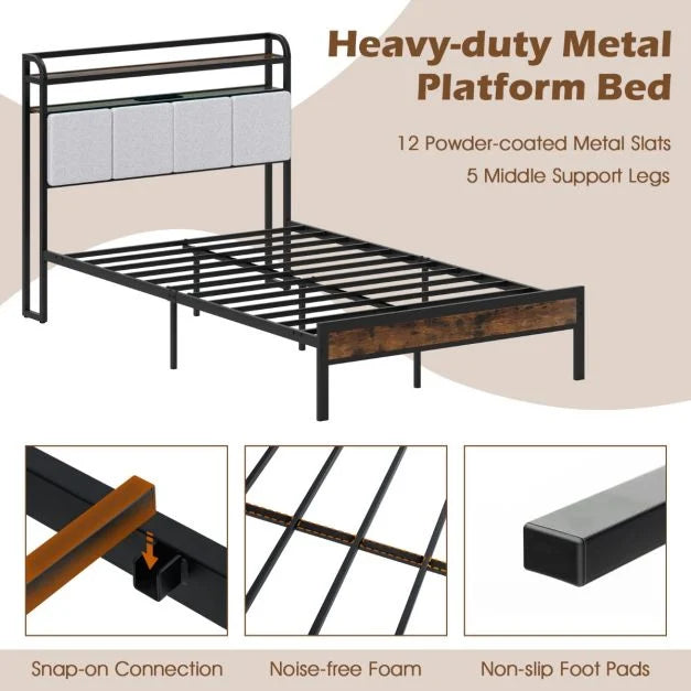 King Size Double Size Bed Frame with LED Light and Charging Station