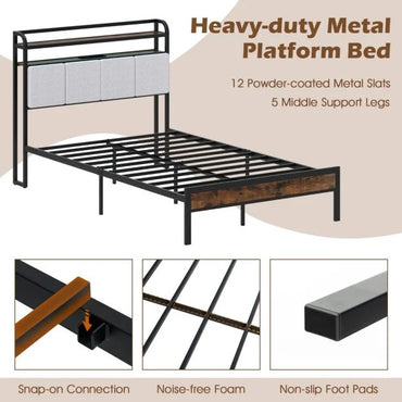 King Size Double Size Bed Frame with LED Light and Charging Station