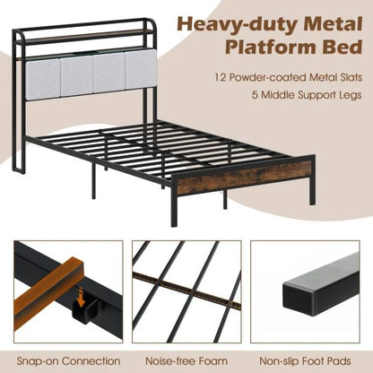 King Size Double Size Bed Frame with LED Light and Charging Station
