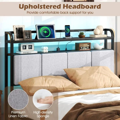 King Size Double Size Bed Frame with LED Light and Charging Station