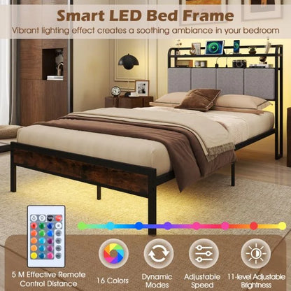 King Size Double Size Bed Frame with LED Light and Charging Station
