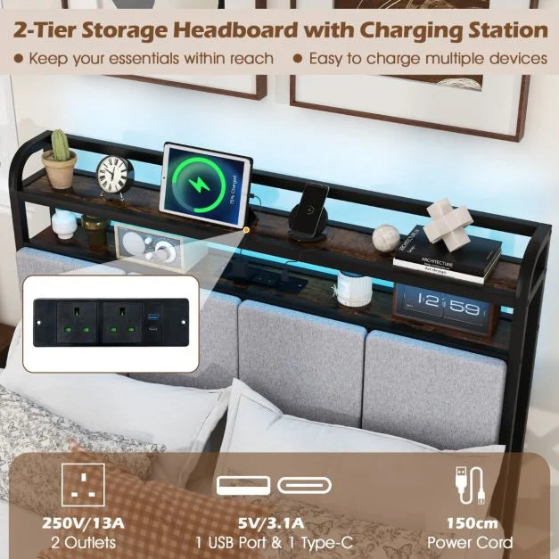 King Size Double Size Bed Frame with LED Light and Charging Station