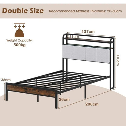 King Size Double Size Bed Frame with LED Light and Charging Station