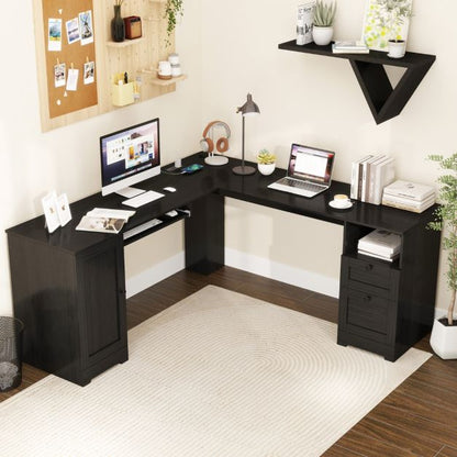 L-shaped Computer Desk with Power Outlets and 2 Storage Drawers
