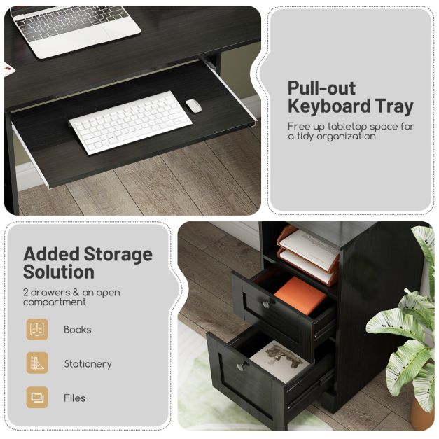 L-shaped Computer Desk with Power Outlets and 2 Storage Drawers