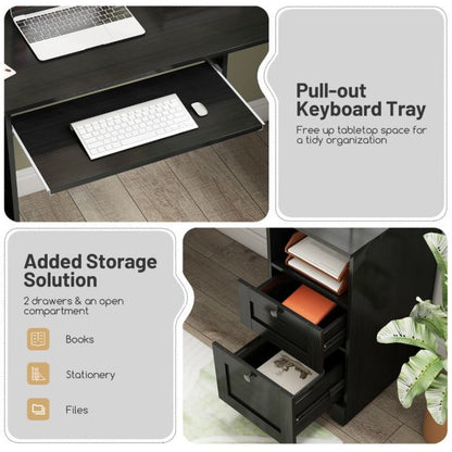 L-shaped Computer Desk with Power Outlets and 2 Storage Drawers