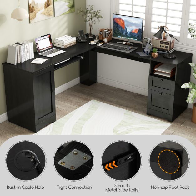 L-shaped Computer Desk with Power Outlets and 2 Storage Drawers