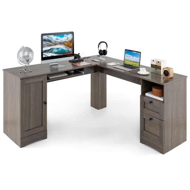 L-shaped Computer Desk with Power Outlets and 2 Storage Drawers