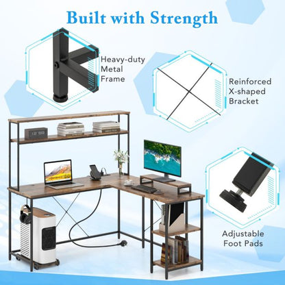 L-Shaped Gaming Desk with LED Strip and Power Outlets
