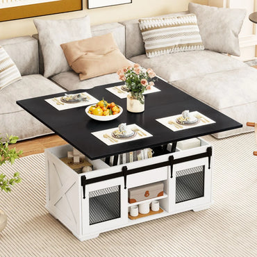 Lift Top Coffee Table with 2 Sliding Barn Doors and Open Shelves