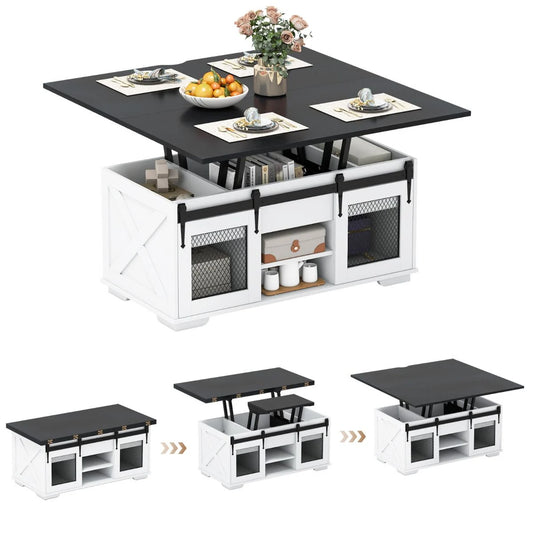 Lift Top Coffee Table with 2 Sliding Barn Doors and Open Shelves