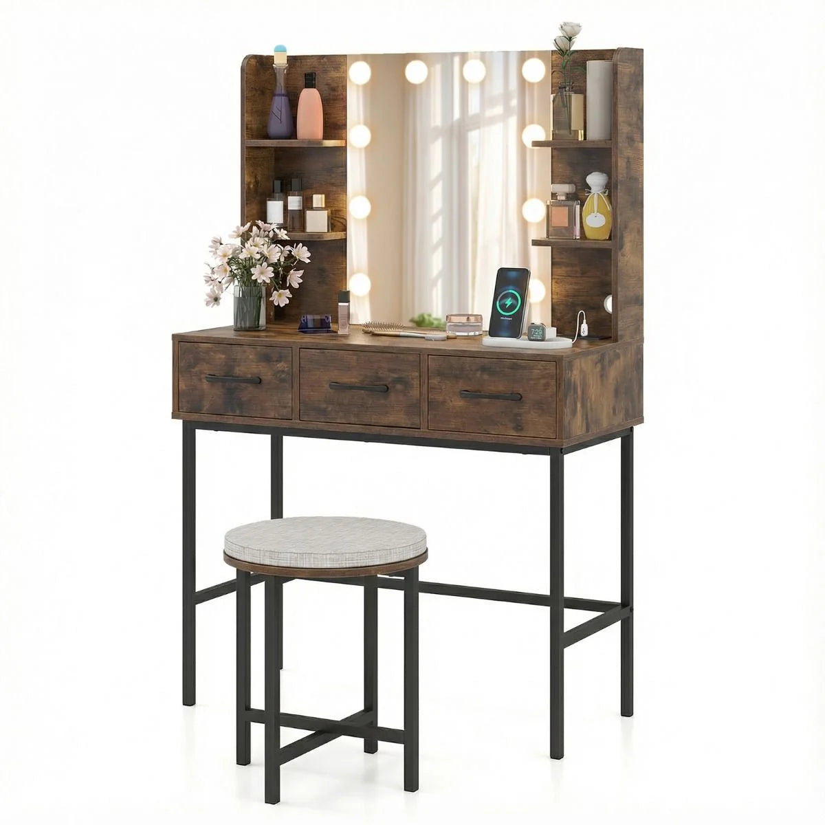 Makeup Dressing Table and Cushioned Stool Set with Power Outlets