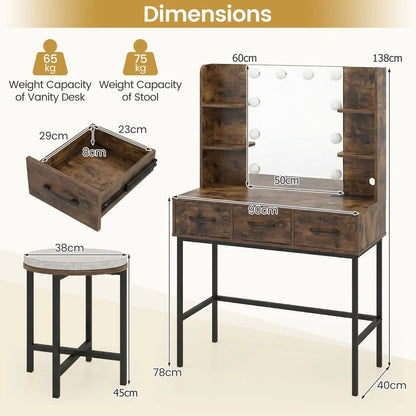 Makeup Dressing Table and Cushioned Stool Set with Power Outlets