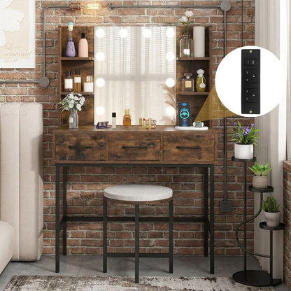 Makeup Dressing Table and Cushioned Stool Set with Power Outlets