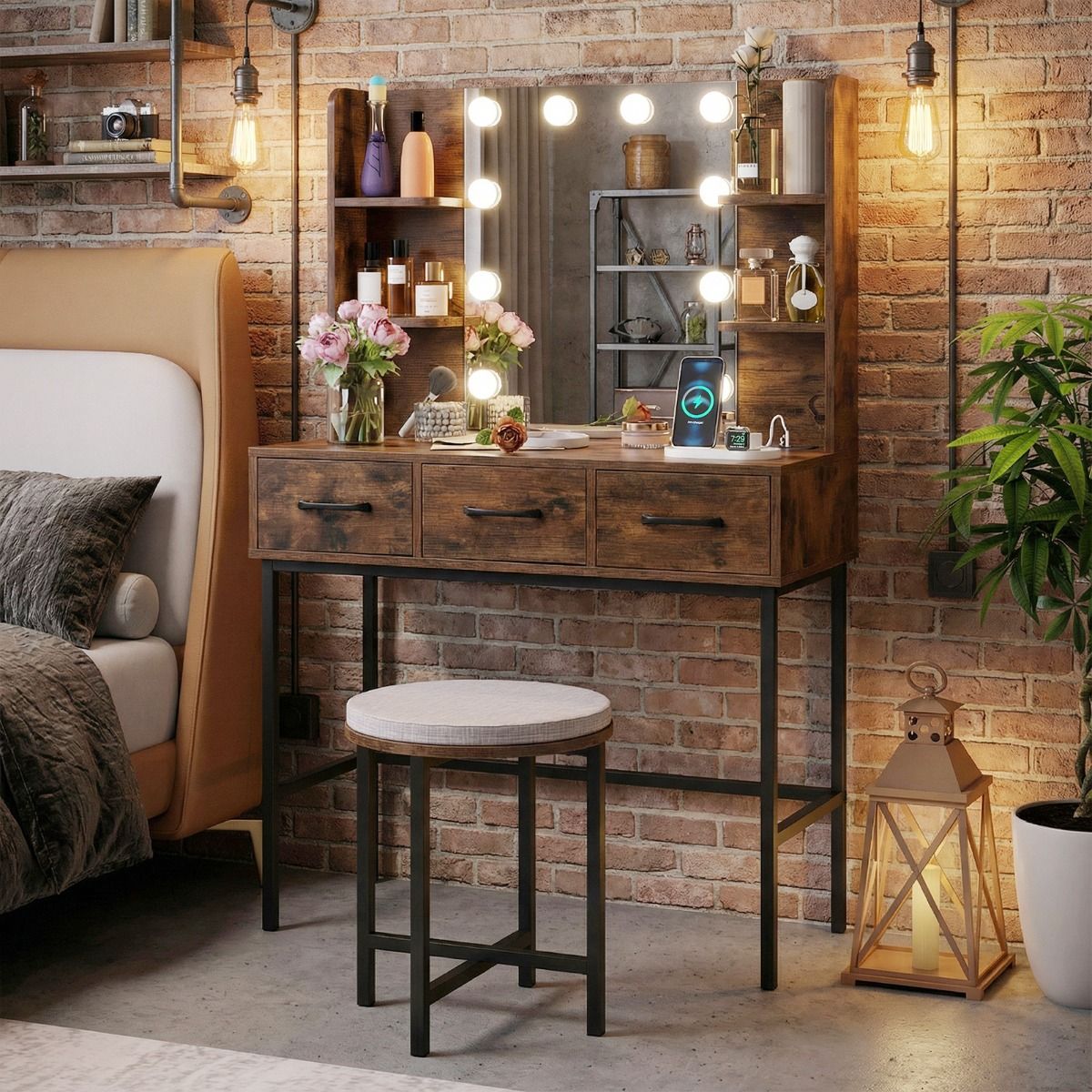 Makeup Dressing Table and Cushioned Stool Set with Power Outlets