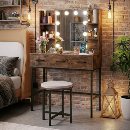 Makeup Dressing Table and Cushioned Stool Set with Power Outlets