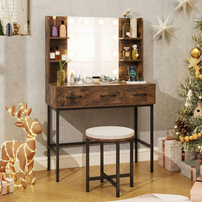 Makeup Dressing Table and Cushioned Stool Set with Power Outlets
