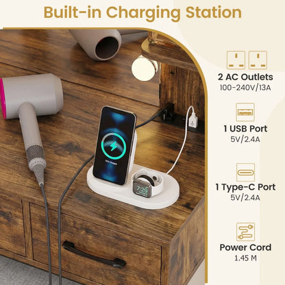 Makeup Dressing Table and Cushioned Stool Set with Power Outlets