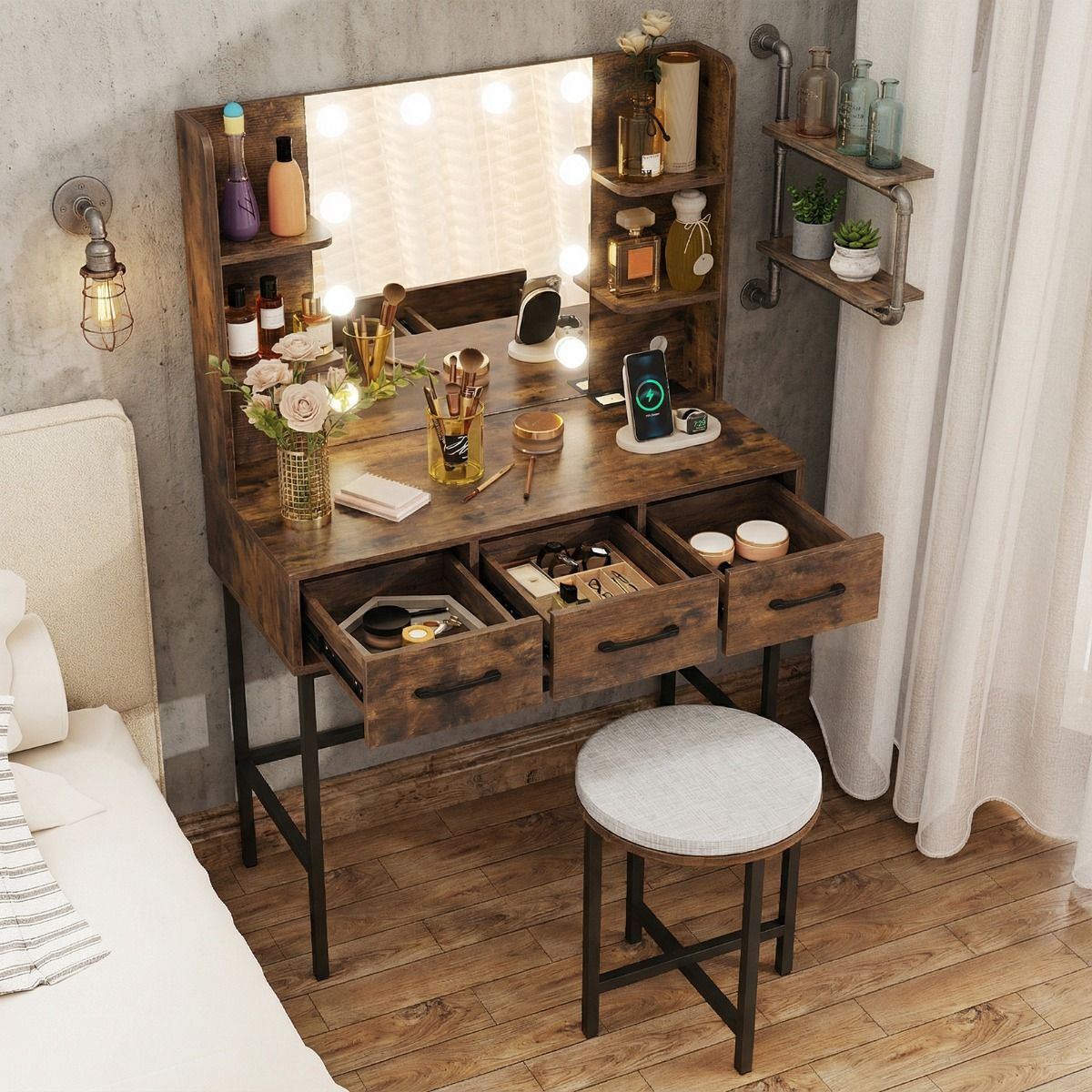 Makeup Dressing Table and Cushioned Stool Set with Power Outlets