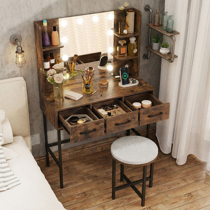 Makeup Dressing Table and Cushioned Stool Set with Power Outlets