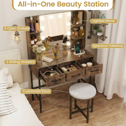 Makeup Dressing Table and Cushioned Stool Set with Power Outlets