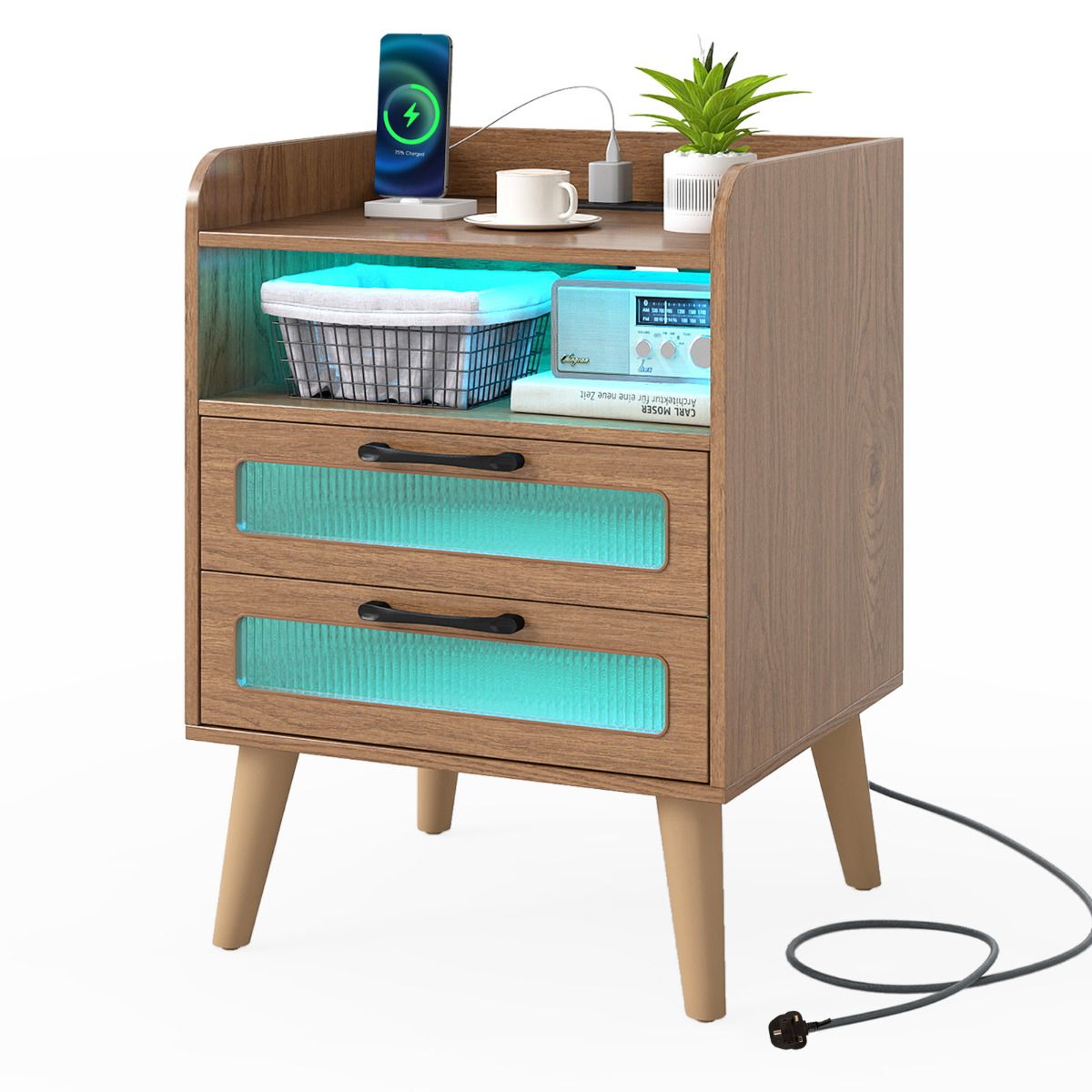 Mid Century Nightstand Modern Bedside Table with Charging Station