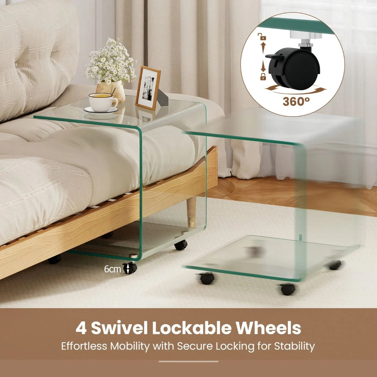 Modern Tempered Glass Side Table with 2-tier Shelf