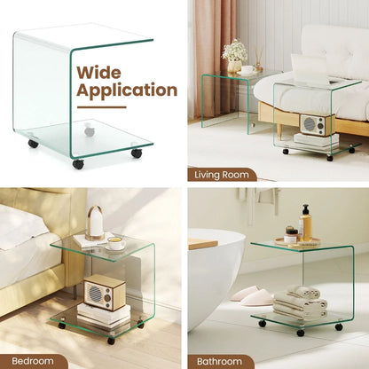 Modern Tempered Glass Side Table with 2-tier Shelf