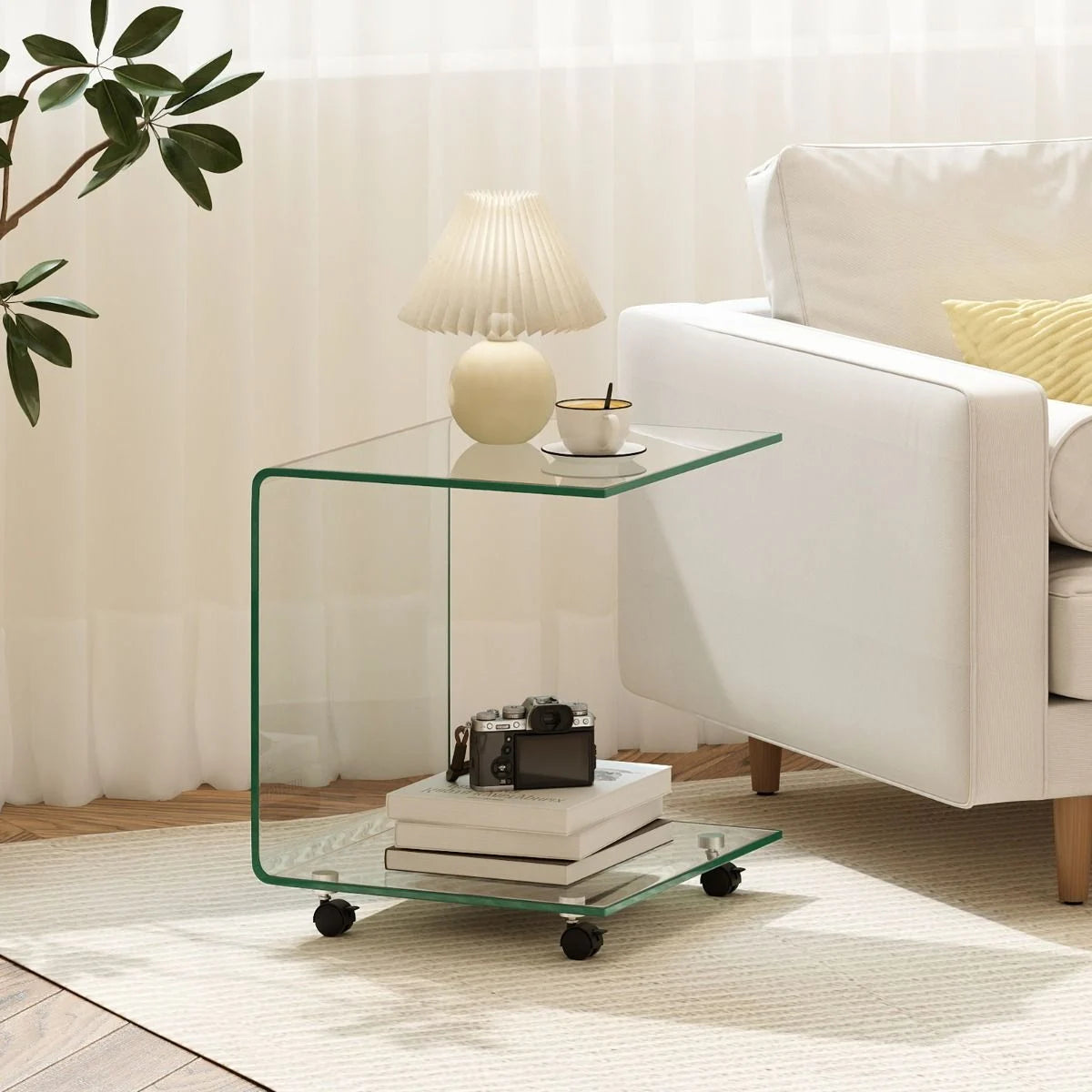 Modern Tempered Glass Side Table with 2-tier Shelf