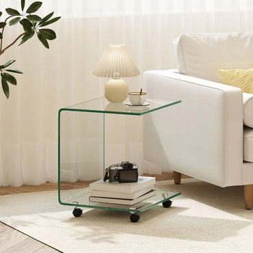 Modern Tempered Glass Side Table with 2-tier Shelf